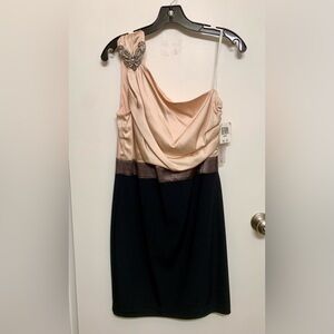 NWT one shoulder cocktail dress, size Large.  Black, gray, and pale peachy-pink.